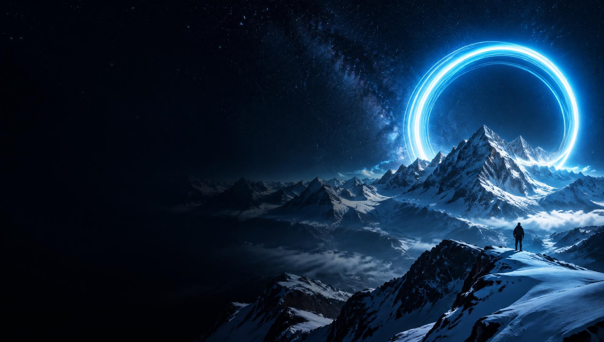 星空下的雪山与蓝色光环
